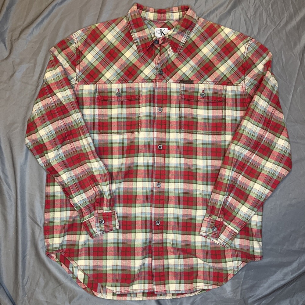 Vintage Calvin Klein Jeans Button Down Plaid Shirt Heavyweight Size Large